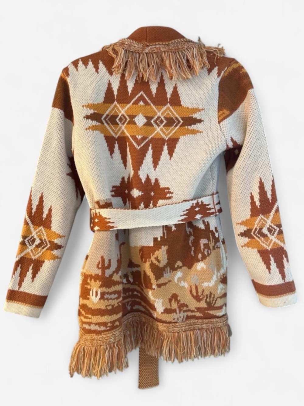 Idyllwind Fringed Southwestern Cardigan Sweater Desert Scenery Tan Rust Cream XS